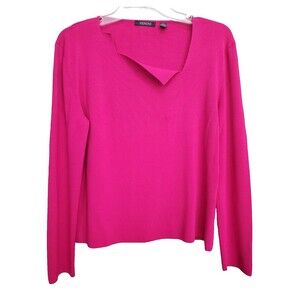 Venini Bright Pink Asymmetric Neckline Long Sleeve Ribbed Knit Top Size XL VTG